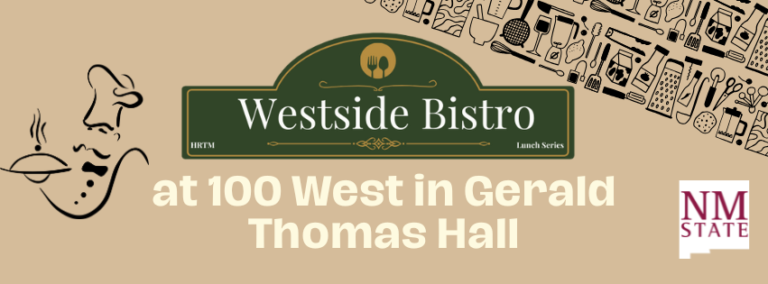 Westside Bistro logo at 100 West in Gerald Thomas Hall, chef drawing and kitchen utensil border