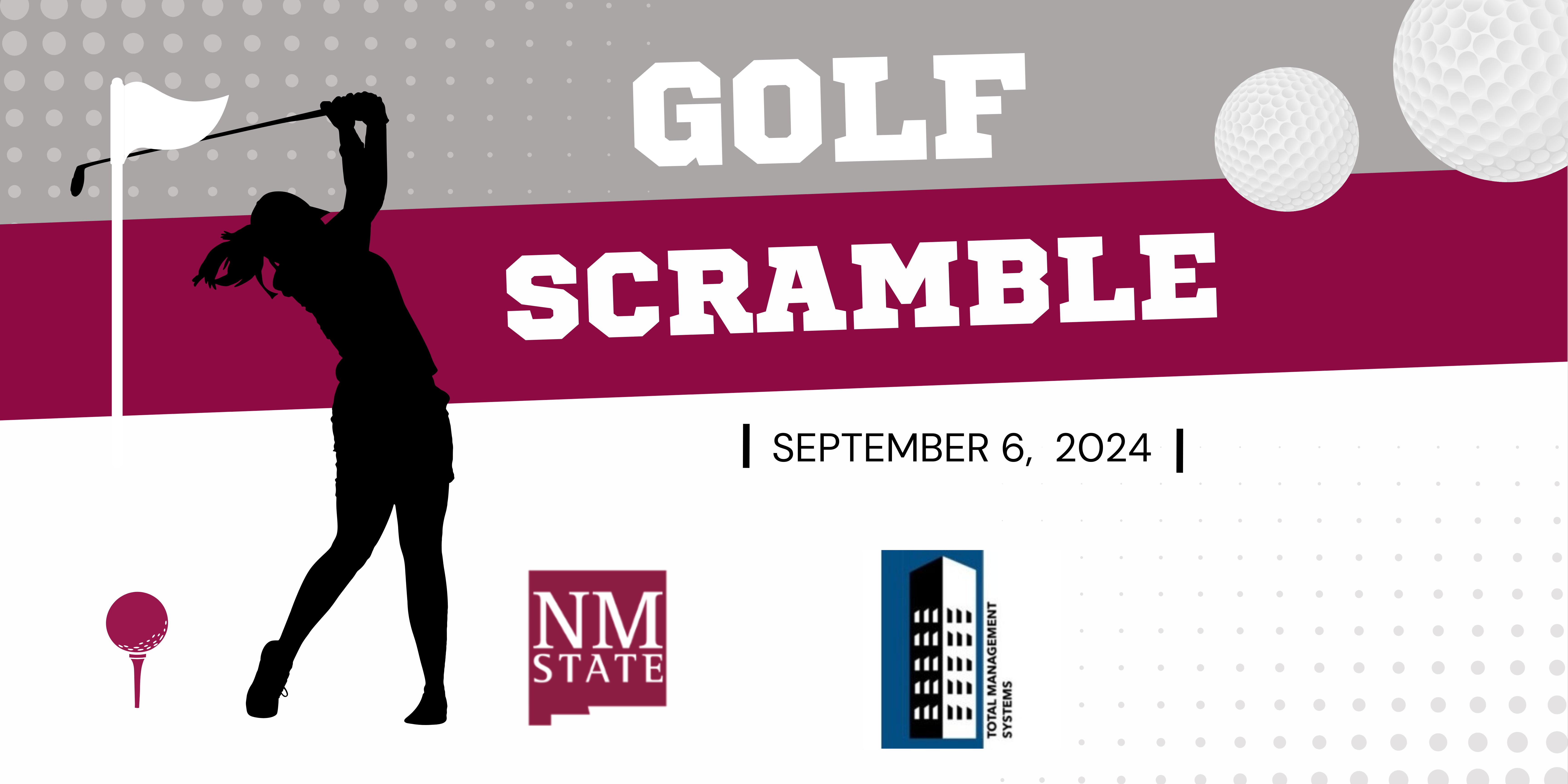 Golf Scramble on September 6, 2024 with the School of HRTM at NMSU and Total Management Systems.  Silhouette of golfer.